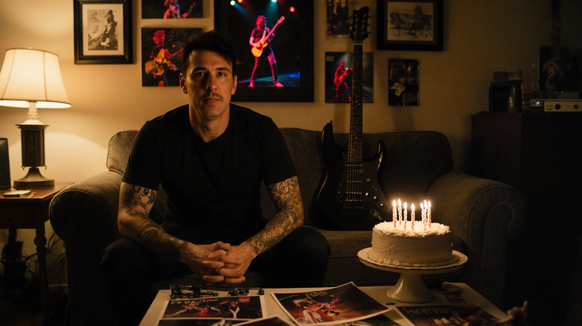 Pat Smear sits on couch with Foo Fighters memorabilia and birthday cake showing band photos