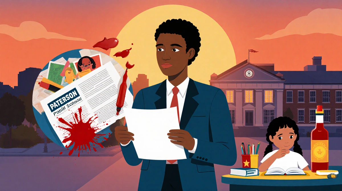 School spokesperson holding press release with sunset behind city hall and classroom supplies blurred in background