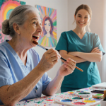 Patient holding paintbrush with bright art background and nurse smiling nearby