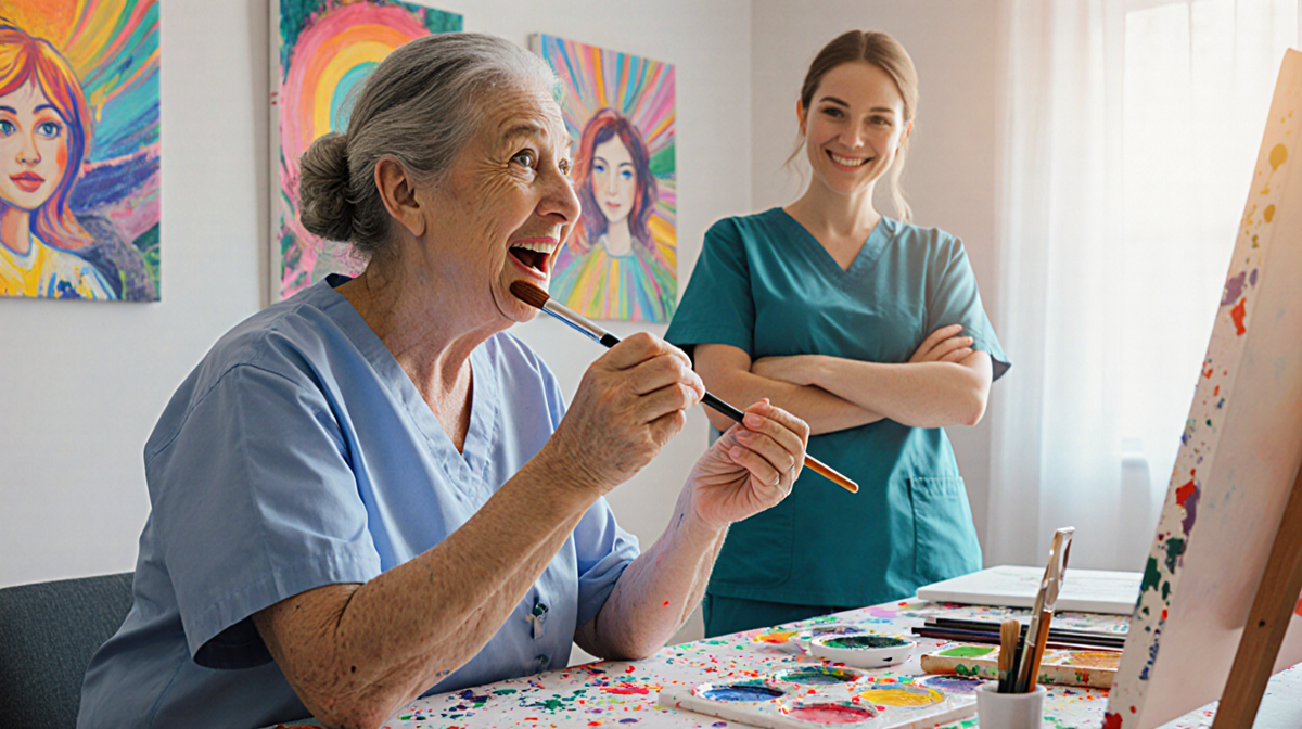 Patient holding paintbrush with bright art background and nurse smiling nearby