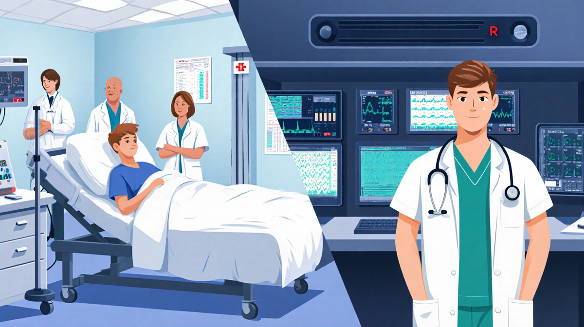 Alker stands confidently in scrubs beside hospital bed showing transformation from patient to ER doctor