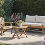 Patio furniture serves as seating with a foldable Adirondack chair and a wooden convertible bench beside greenery warm light.