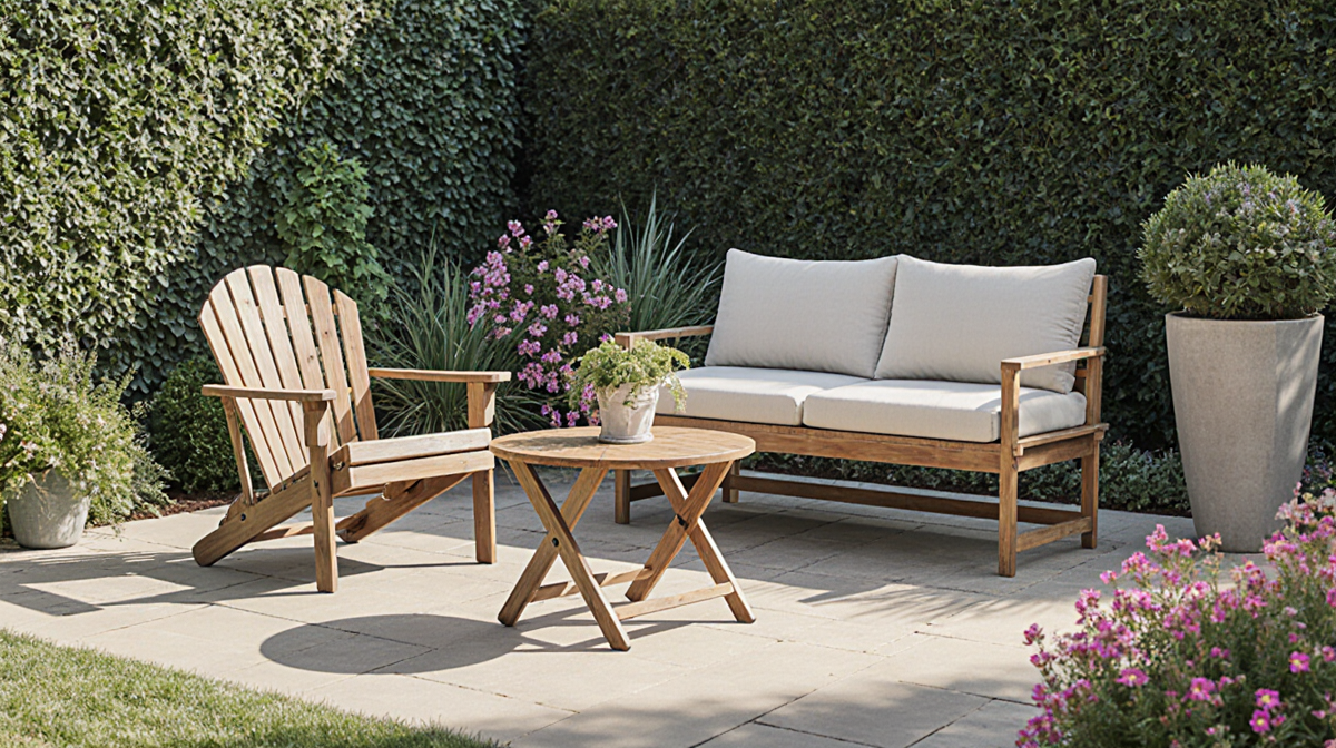 Patio furniture serves as seating with a foldable Adirondack chair and a wooden convertible bench beside greenery warm light.