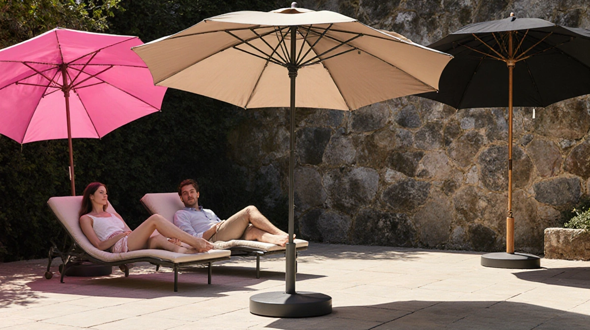 Three friends lounge on patio furniture with beige pink and black umbrellas overhead showing stylish outdoor shade