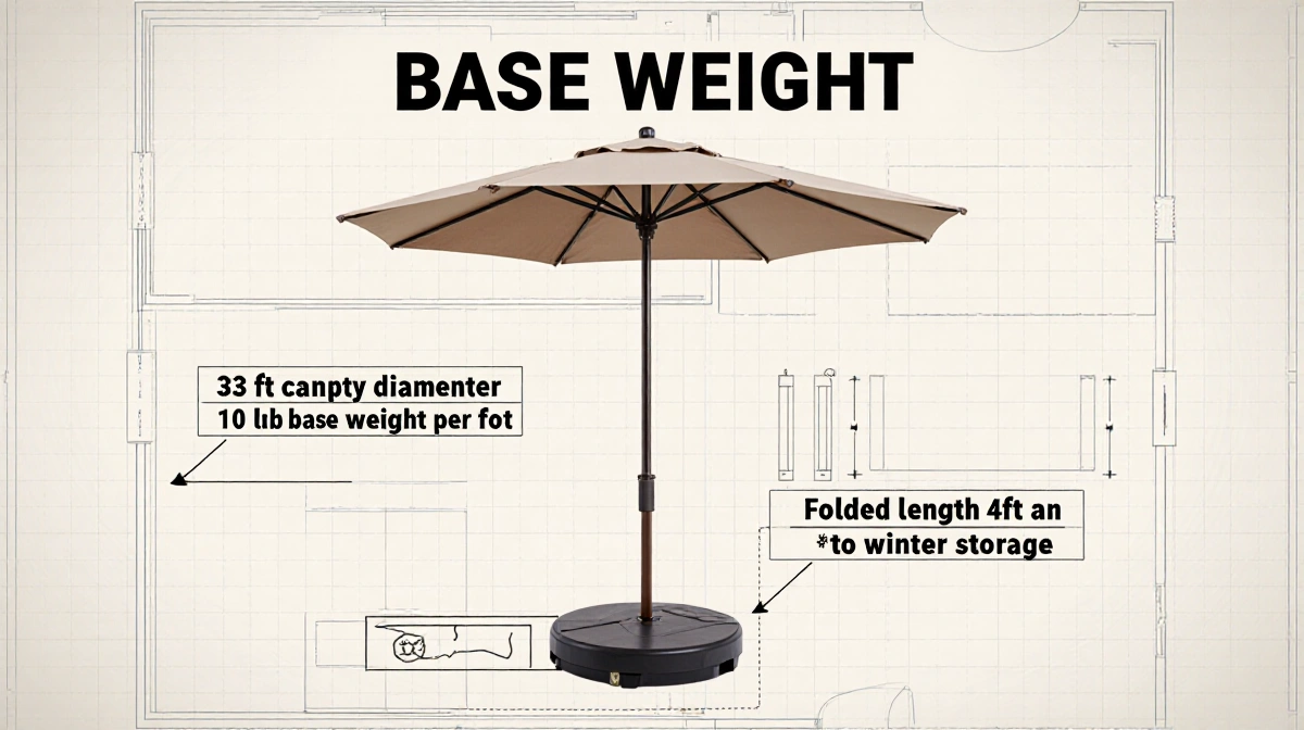 Patio umbrella diagram shows weighted base with 33-foot canopy and storage measurements on blueprint background