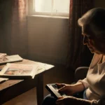 Woman holding VHS tape with tears on her face and family photos scattered on wooden table