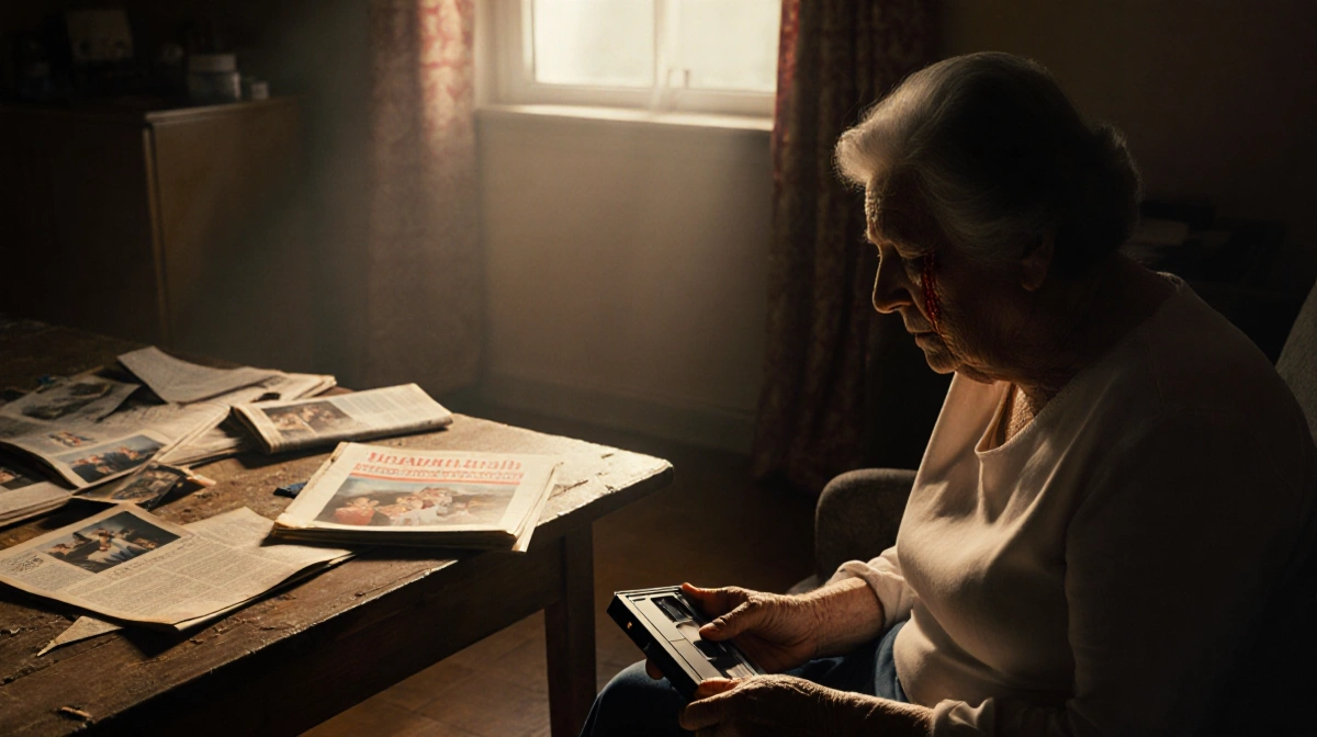 Woman holding VHS tape with tears on her face and family photos scattered on wooden table