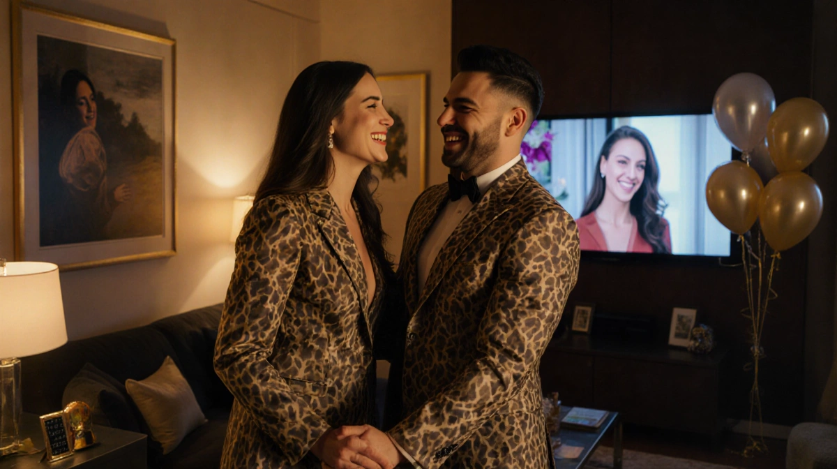 Patrick Ball and Elysia Roorbach smiling while holding hands in matching outfits with celebratory balloons and TV showing The