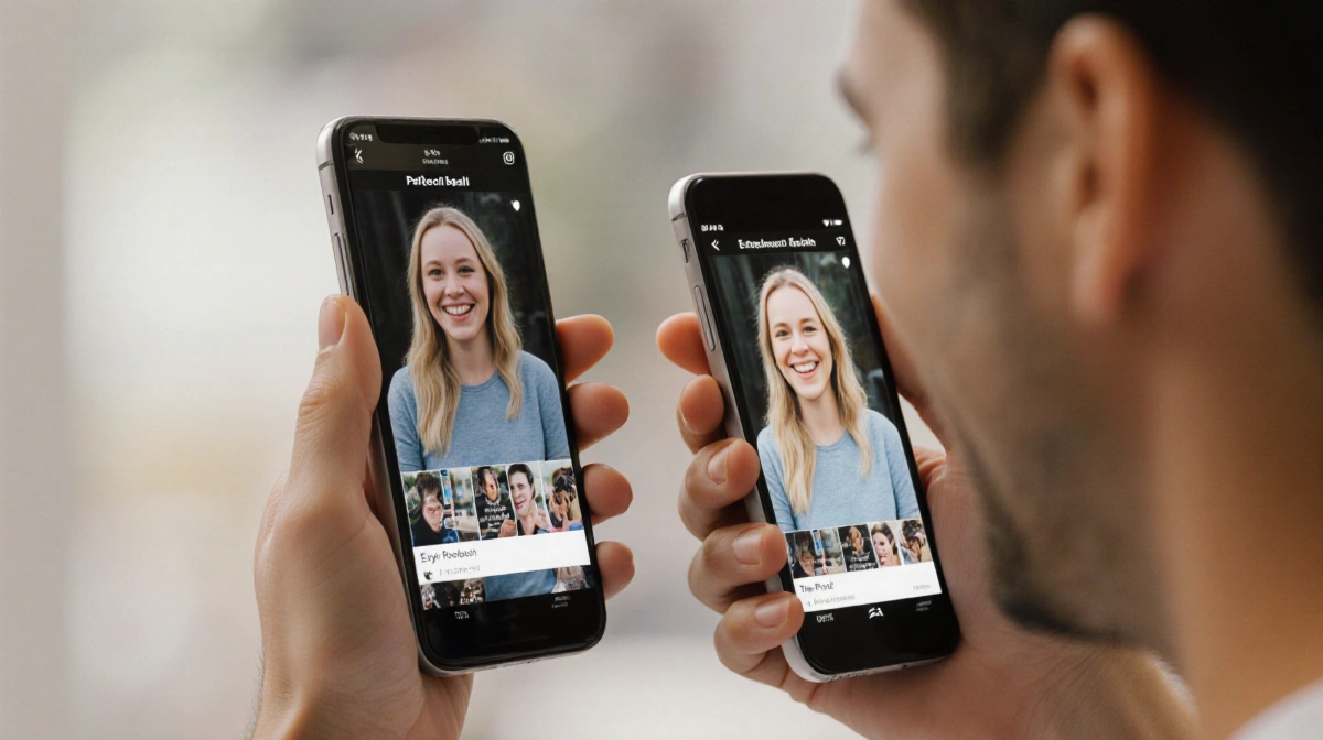 Patrick Ball holds two phones showing Elysia Roorbach's TV cameo with his proud smile and blurred background