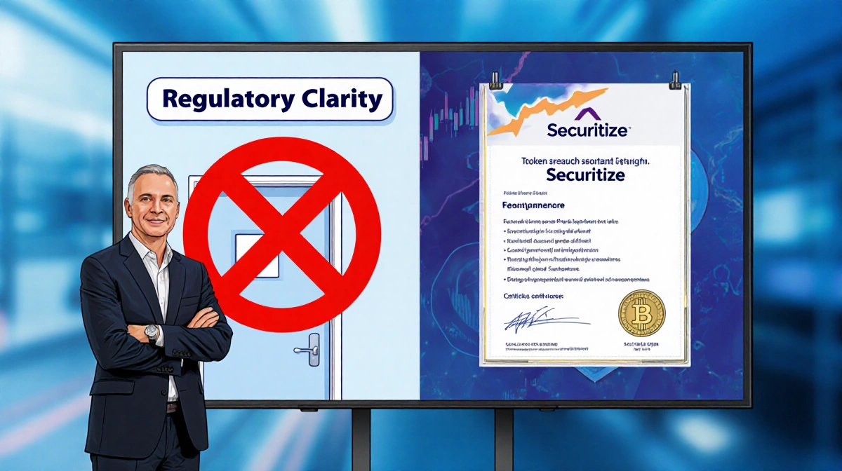 Patrick Byrne stands before split screen with red X over regulatory door and Securitize licenses showing fintech compliance c