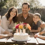 Patrick Dempsey celebrating his 60th birthday with family at picnic table with birthday cake and flowers
