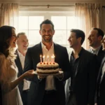 Patrick Dempsey celebrating his 60th birthday with wife Jillian Fink holding cake and cast members laughing together