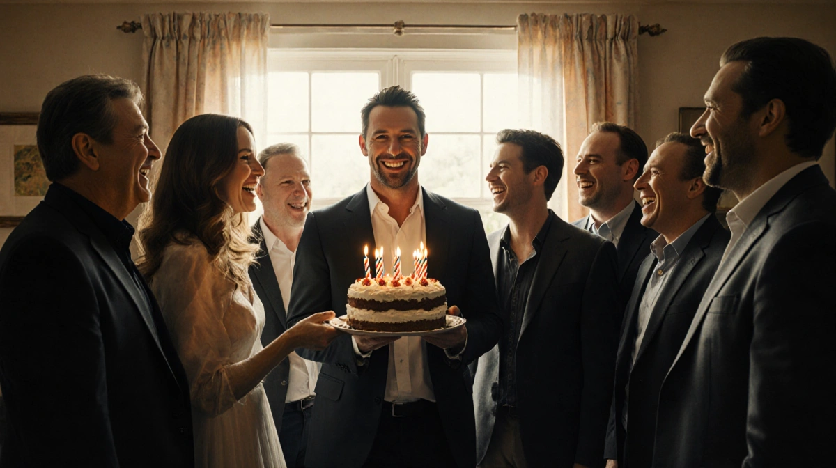 Patrick Dempsey celebrating his 60th birthday with wife Jillian Fink holding cake and cast members laughing together