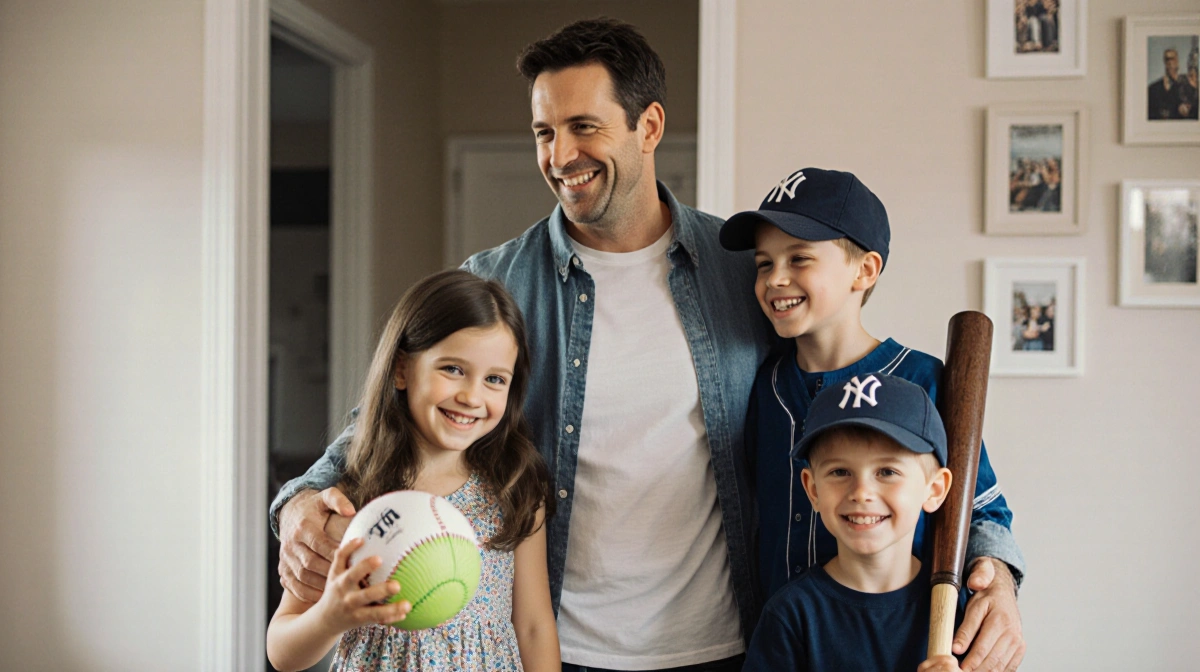 Patrick Dempsey smiling with his three children near home doorframe showing family portrait moment