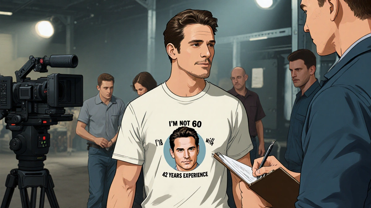 Crew member walks onto film set wearing Patrick Dempsey birthday t-shirt with clipboard while actor continues filming nearby