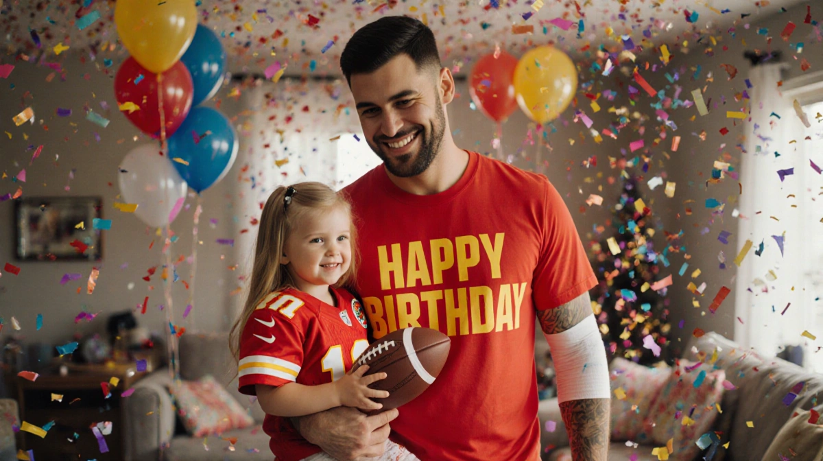 Patrick Mahomes celebrating birthday with daughter Golden on his lap wearing matching Chiefs jerseys and surrounded by party 