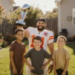 Patrick Mahomes celebrates with his three kids and football trophy in sunny backyard with green grass and flowers