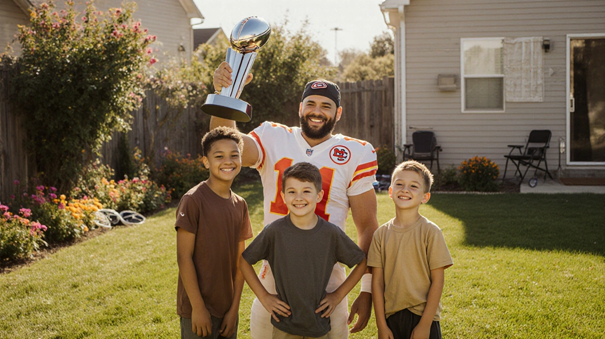 Patrick Mahomes celebrates with his three kids and football trophy in sunny backyard with green grass and flowers