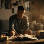 Patrick Mahomes sits in living room with sports magazines and football memorabilia showing his reflective moment