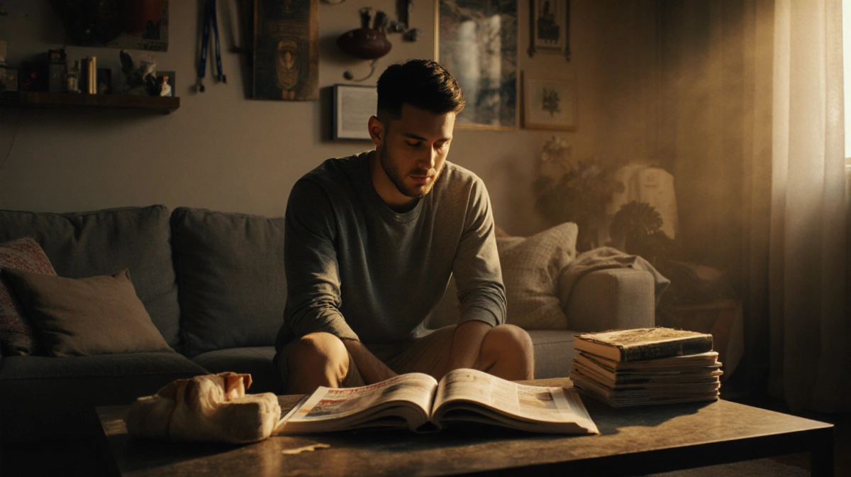 Patrick Mahomes sits in living room with sports magazines and football memorabilia showing his reflective moment