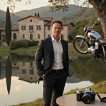 Patrick Schwarzenegger standing beside a Tuscan villa with lake reflection and a vintage motorcycle hanging in background