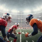 Patriots player tackling Broncos player with Gillette Stadium mist in background