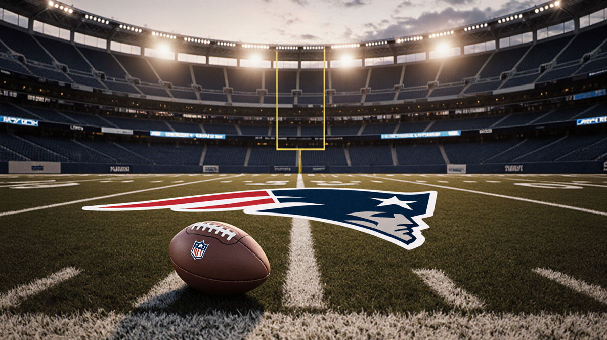 Football lies on grass on football field near Patriots end zone with Patriots logo on center stripe under dusk light