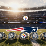 Patriots logo shining over green field with golden hour light and Tom Brady rings.