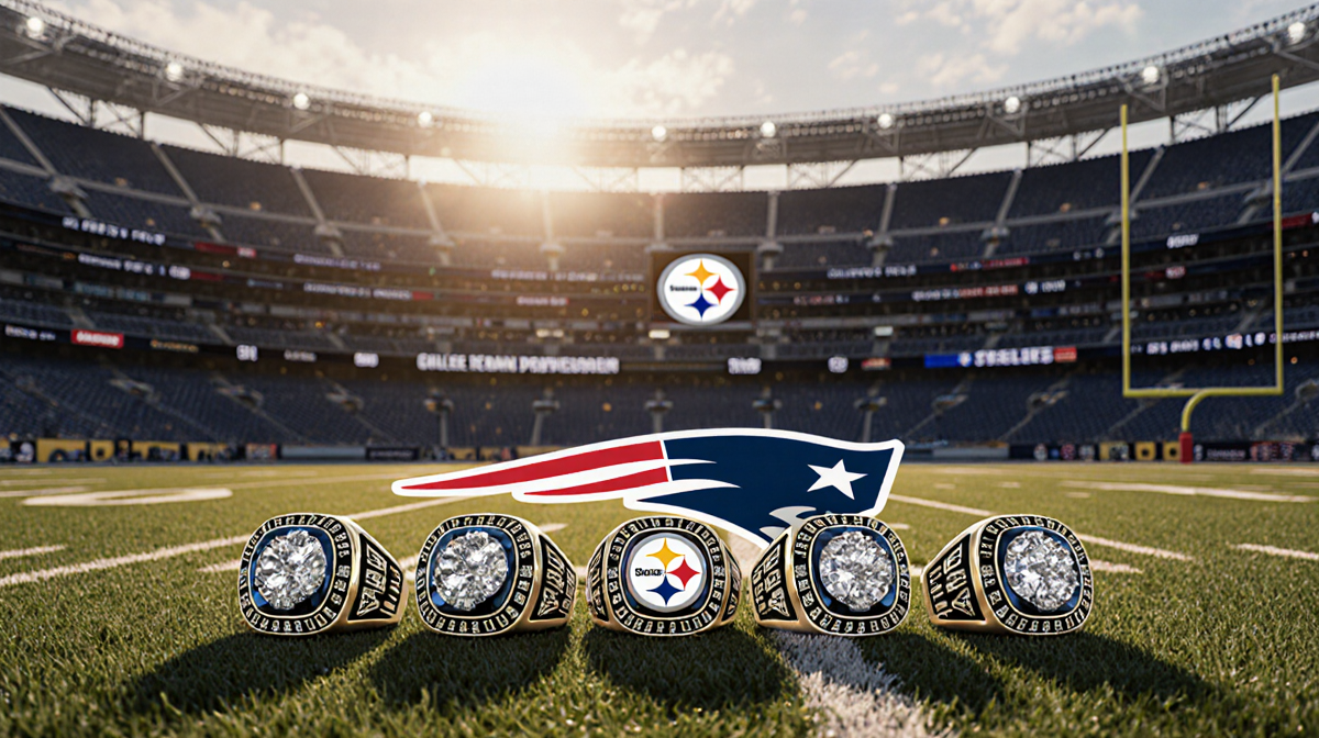 Patriots logo shining over green field with golden hour light and Tom Brady rings.