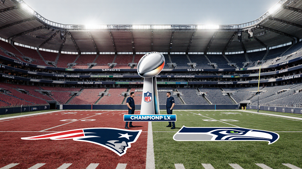 Drake Maye and Sam Darnold stand facing each other with Patriots red Seahawks green blue football