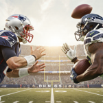 Patriots quarterback throwing a pass with armored defender and leaping Seahawks receiver in a Super Bowl football game
