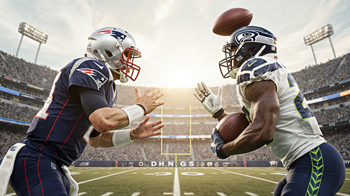 Patriots quarterback throwing a pass with armored defender and leaping Seahawks receiver in a Super Bowl football game