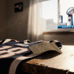 Ticket stub lying against a faded Patriots jersey on a worn wooden table with warm golden light spilling over it