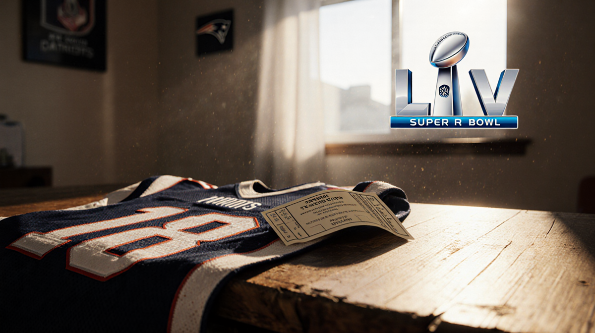 Ticket stub lying against a faded Patriots jersey on a worn wooden table with warm golden light spilling over it