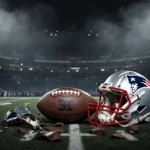 Worn leather football rests on foggy field with broken Chargers helmet nearby and empty stadium seats behind