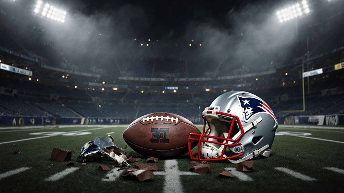 Worn leather football rests on foggy field with broken Chargers helmet nearby and empty stadium seats behind
