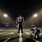 Patriots player stands over empty end zone with Justin Herbert slumped nearby and scattered fans in Patriots gear