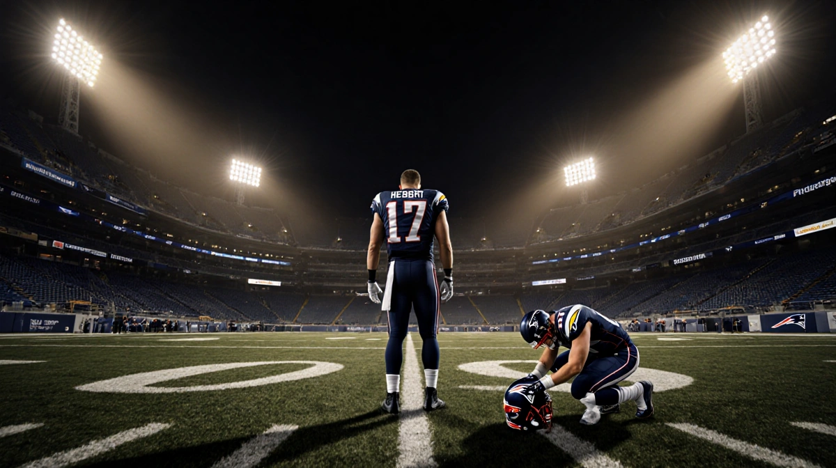 Patriots player stands over empty end zone with Justin Herbert slumped nearby and scattered fans in Patriots gear