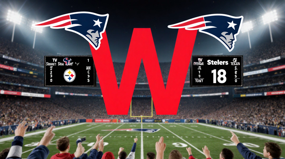 Patriots scoreboard showing red W victory with cheering fans and team logo above Steelers and Texans matchup