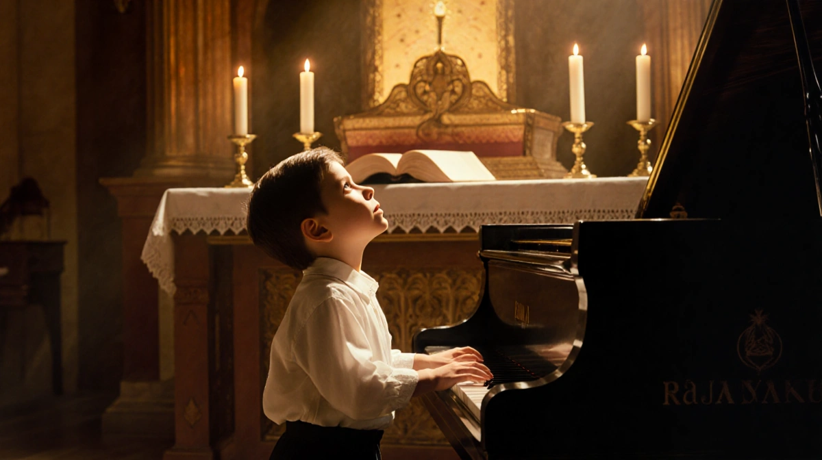 Young Paul Anka playing piano at church altar with Bible and candles showing his musical faith journey