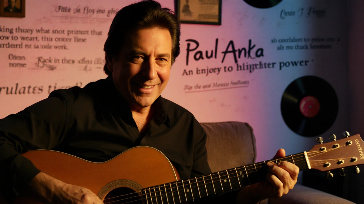 Paul Anka playing guitar with vintage records and warm golden light showing his gentle smile