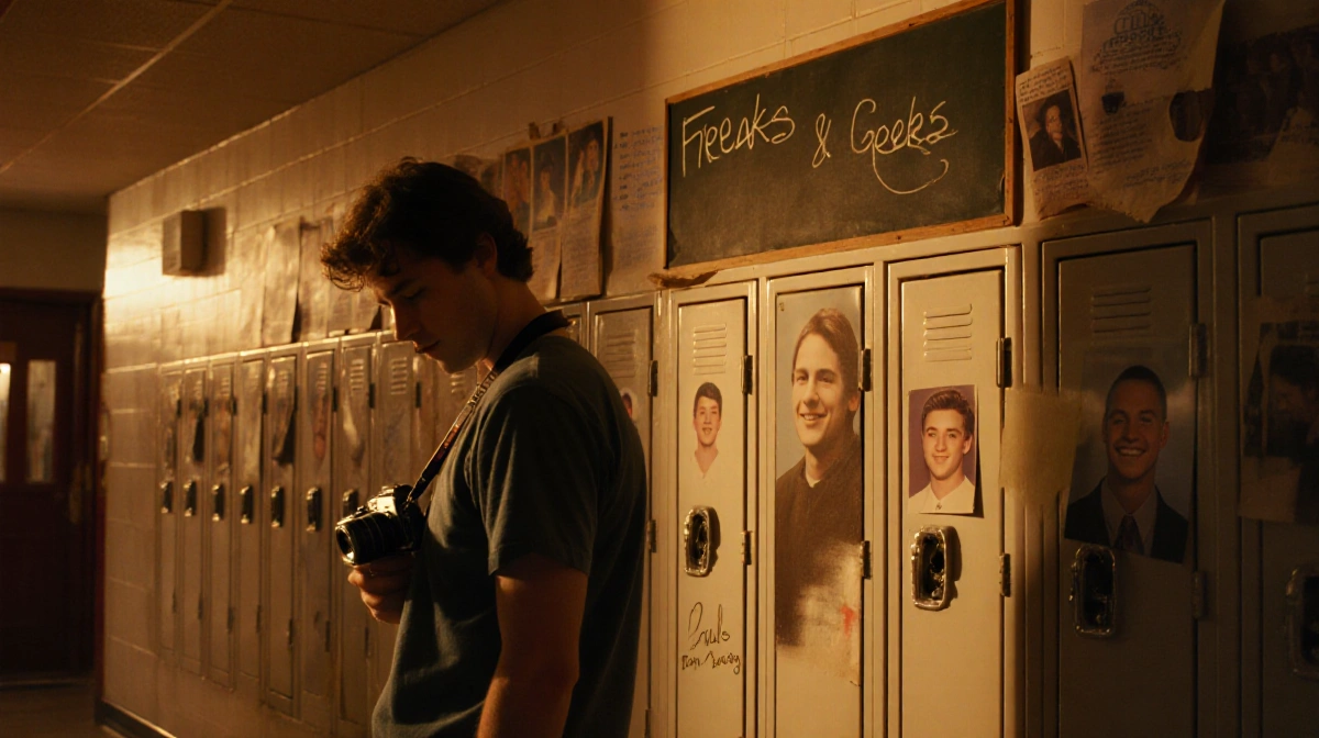 Paul Feig stands in golden high school hallway with vintage camera and yearbook photos lining lockers