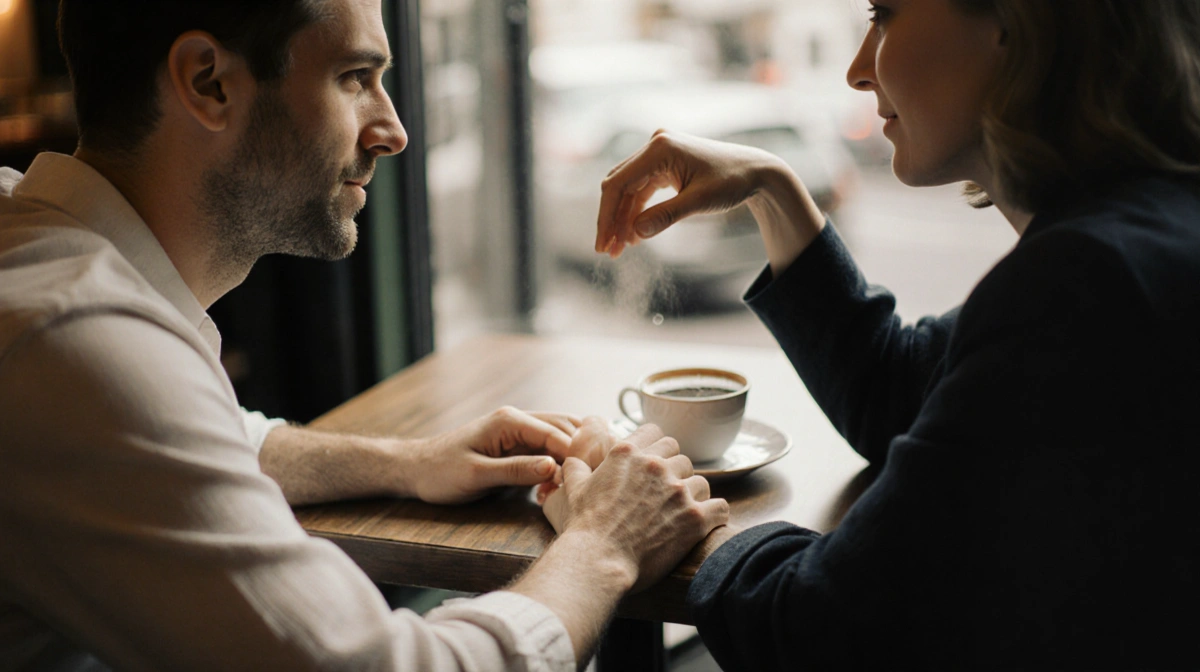Paul Mescal and Gracie Abrams holding hands over coffee at London café with warm lighting and blurred background