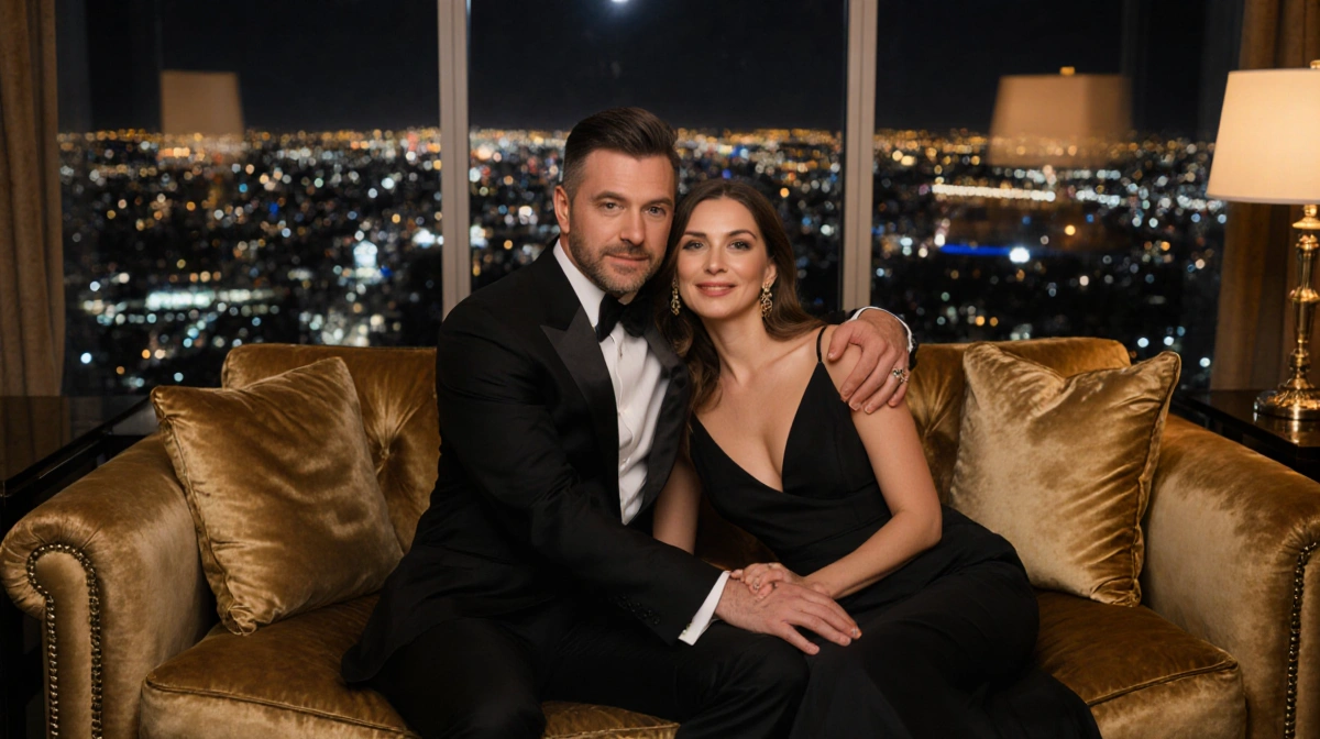 Paul Mescal and Gracie Abrams embracing on gold couch with city skyline glowing through windows behind them