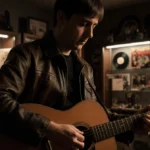 Paul Mescal holds an acoustic guitar with vintage Beatles memorabilia and records visible in the dimly lit music room