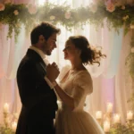 Paul Mescal and Jessie Buckley dancing together on the Hamnet set with candles and greenery glowing in warm golden light