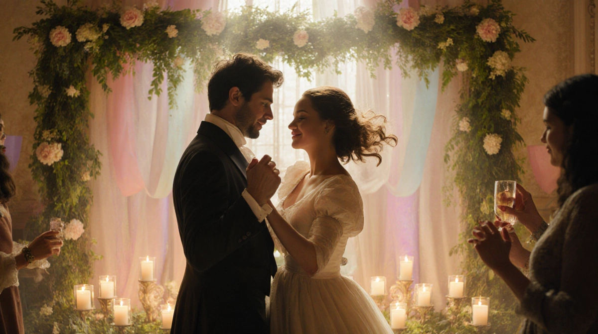 Paul Mescal and Jessie Buckley dancing together on the Hamnet set with candles and greenery glowing in warm golden light