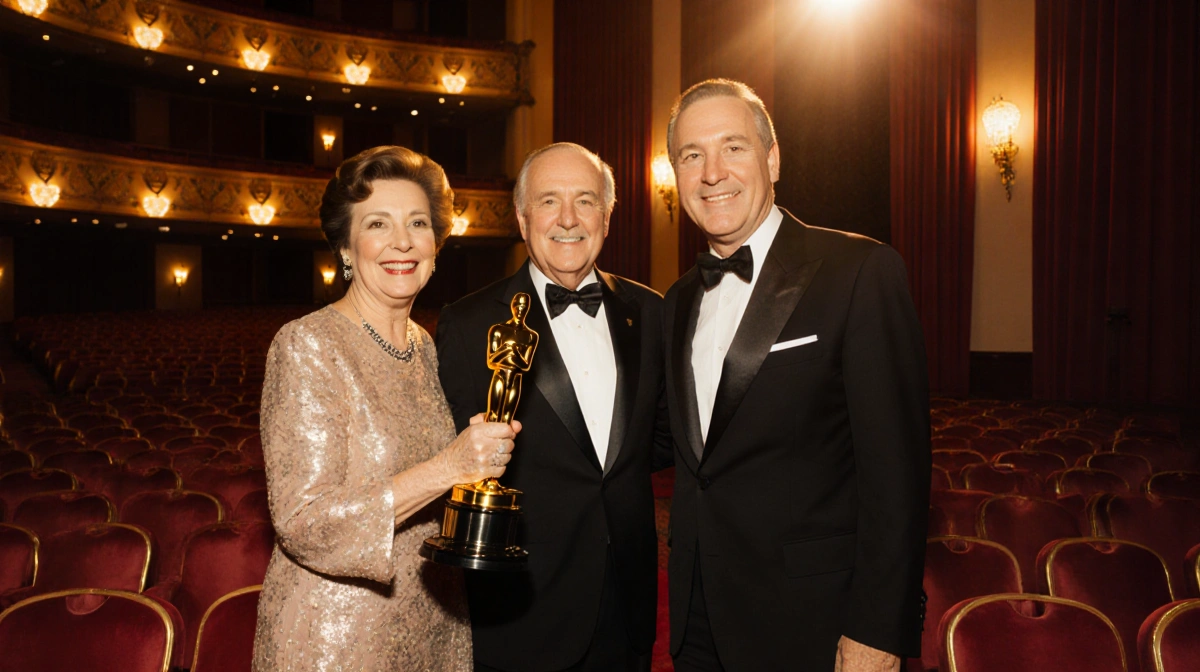 Paul Mescal celebrating Oscar win with parents holding golden statue at red carpet gala with theater curtains behind