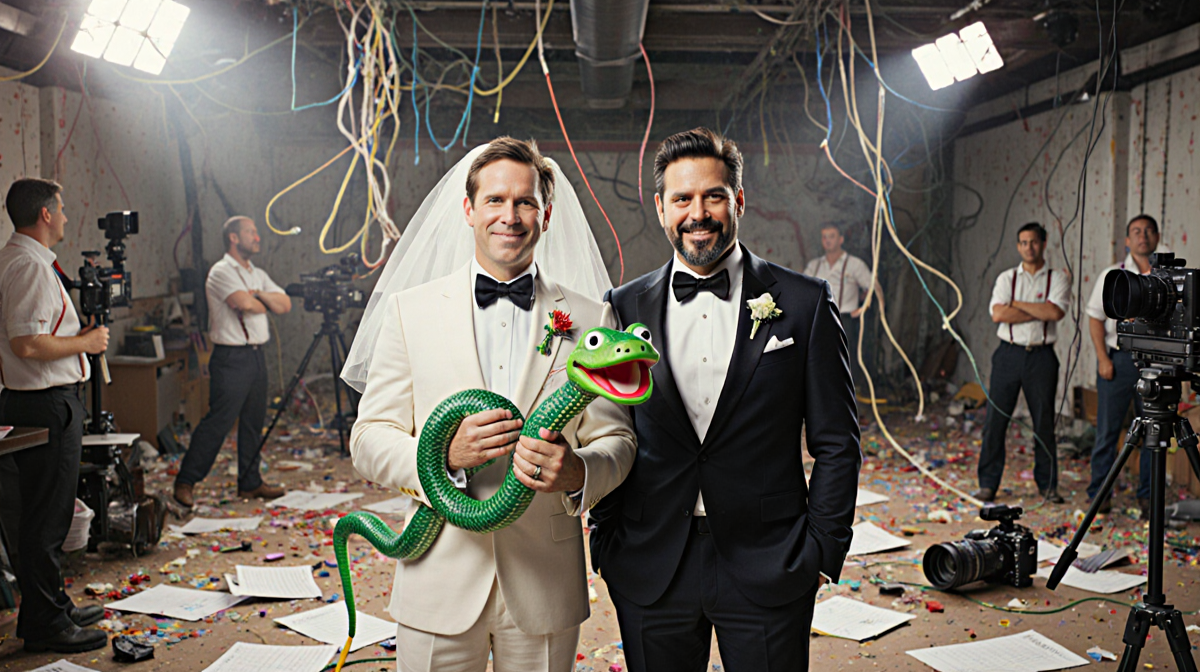Paul Rudd and Jack Black hold a giant novelty snake puppet with ridiculous wedding attire and chaotic film set.