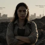 Paulina Chávez stands with crossed arms and determined expression against rugged landscape with cityscape visible in distance